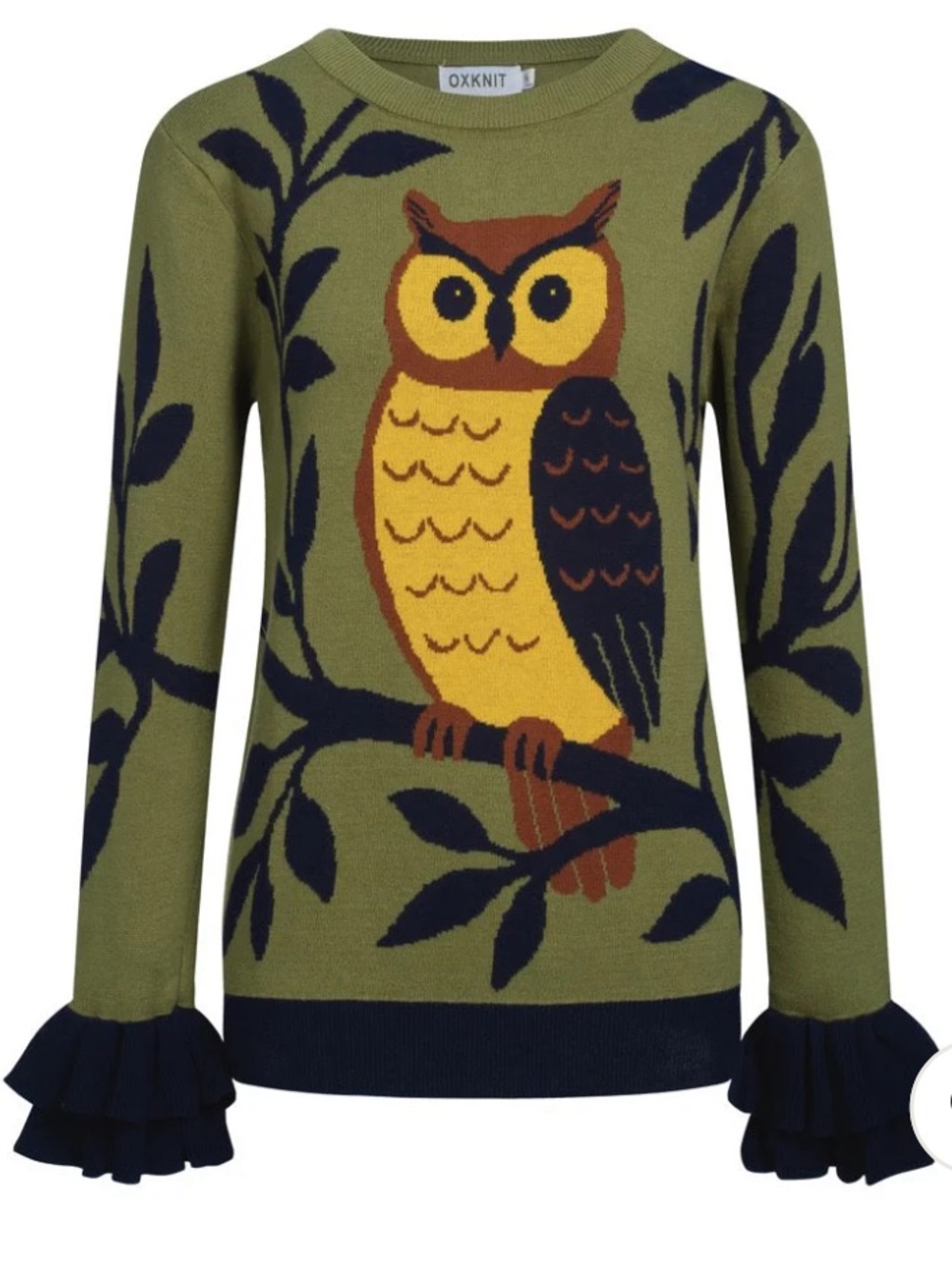 Owl Jacquard Ruffle Cuff Crewneck Sweater - Olive
